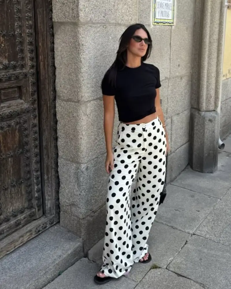 Black Crop Top + Polka Dot Wide-Leg Pants