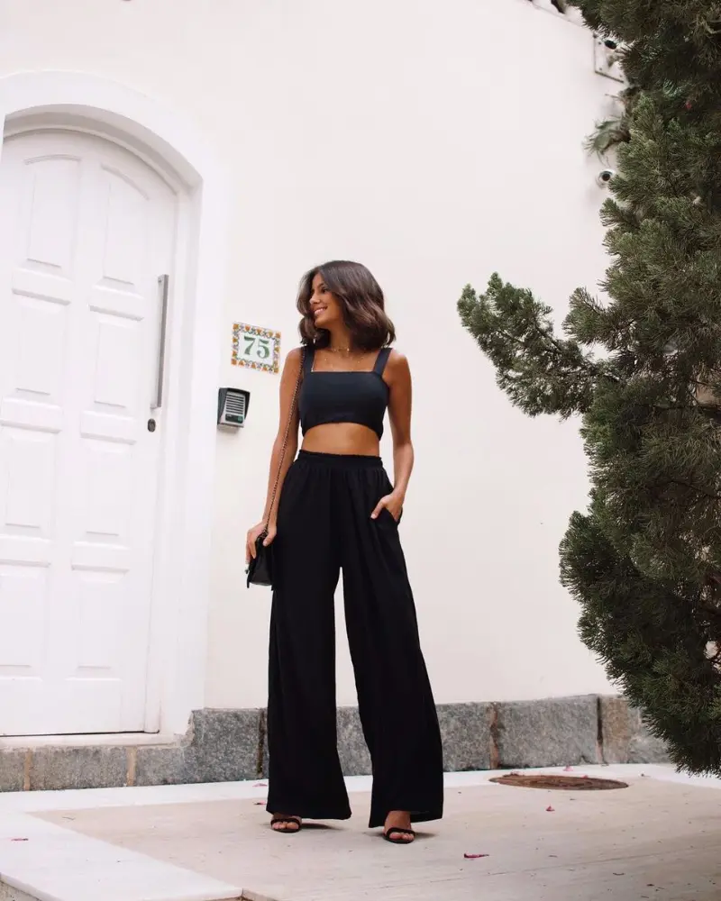 Black Crop Top With Wide-Leg Pants