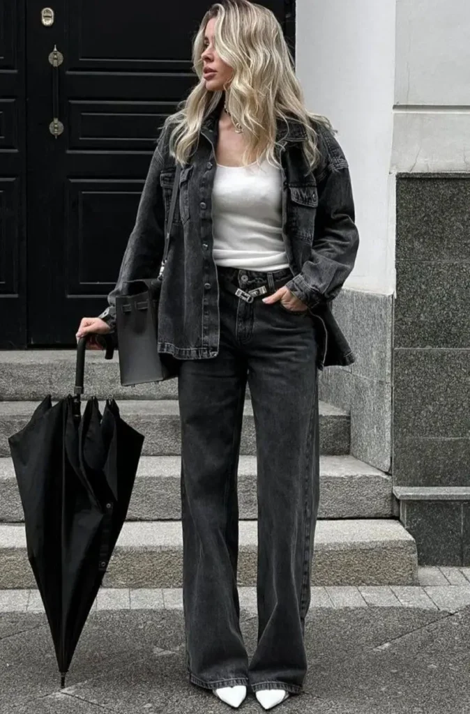 Black Denim Jacket + Wide-Leg Jeans