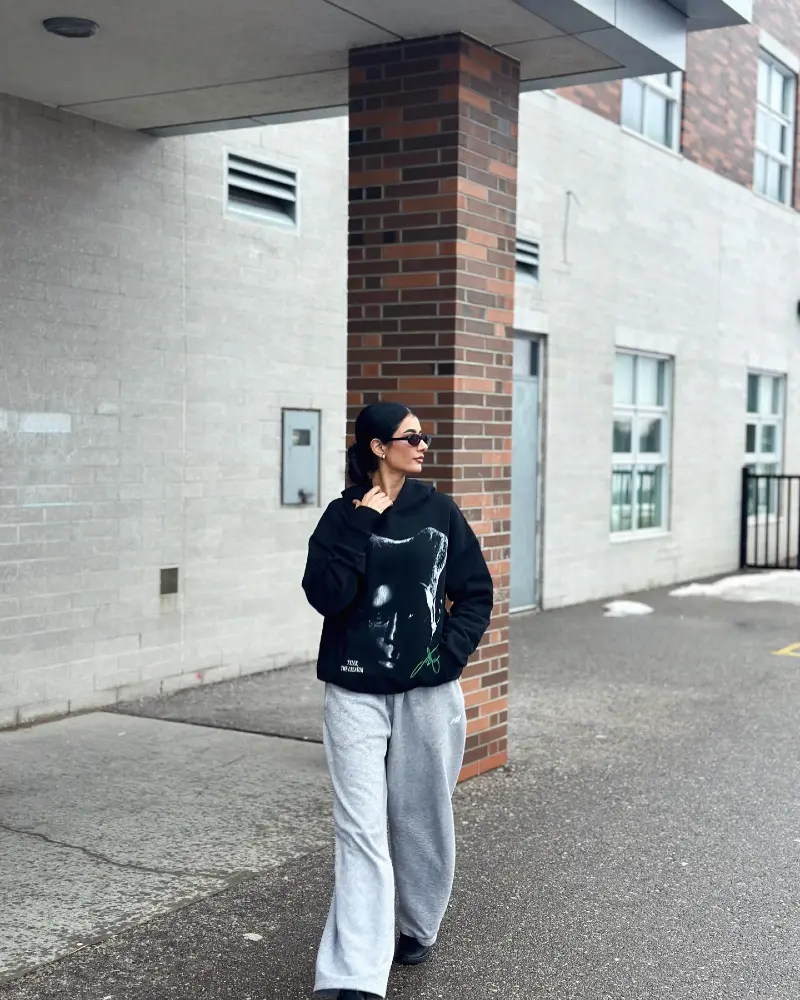 Black Graphic Hoodie, Grey Sweatpants