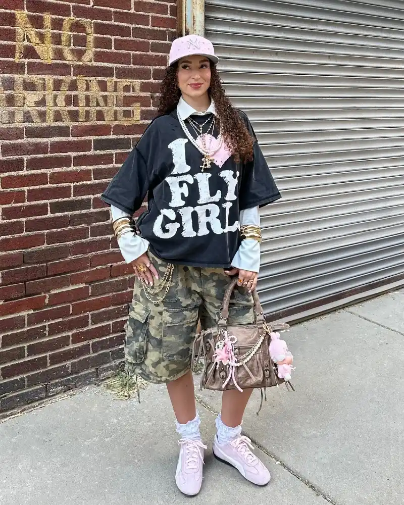 Black Graphic Tee, Camo Cargo Shorts