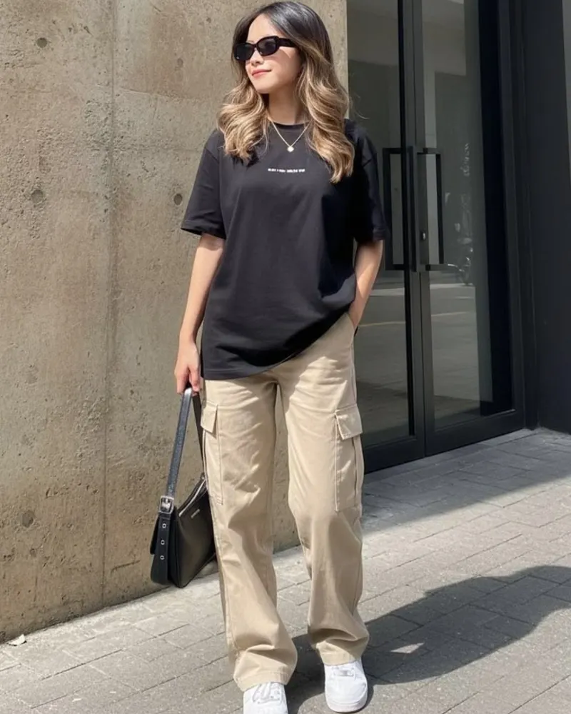 Black Graphic Tee + Khaki Cargo Pants
