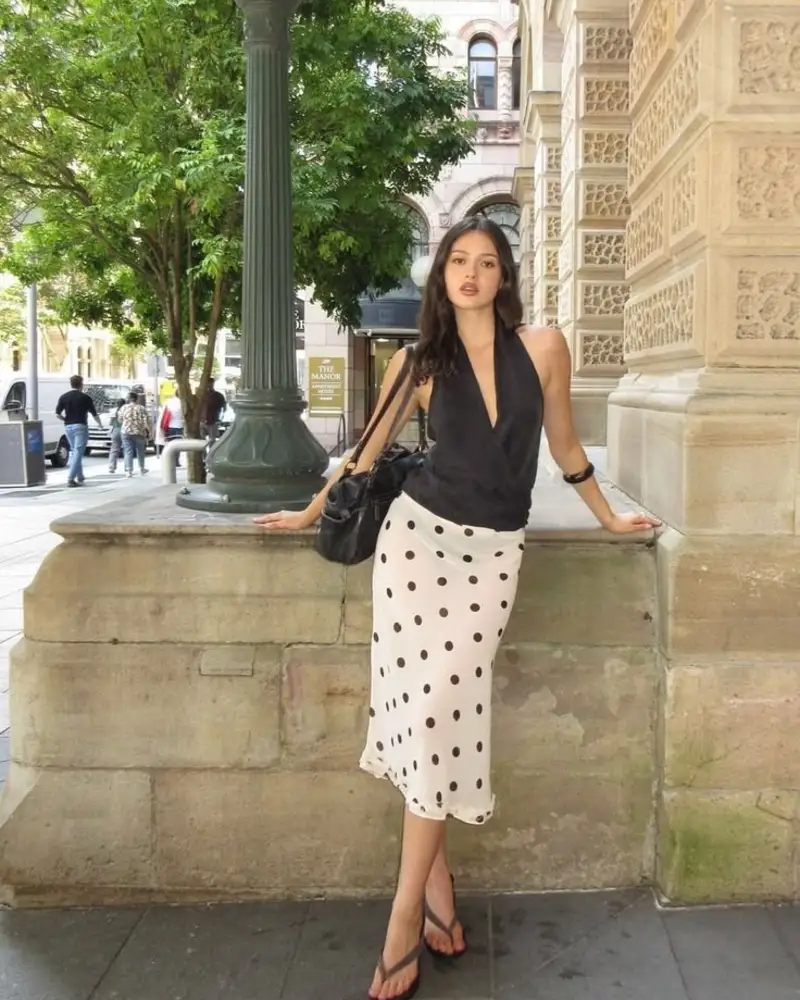 Black Halter Top & Polka Dot Midi Skirt