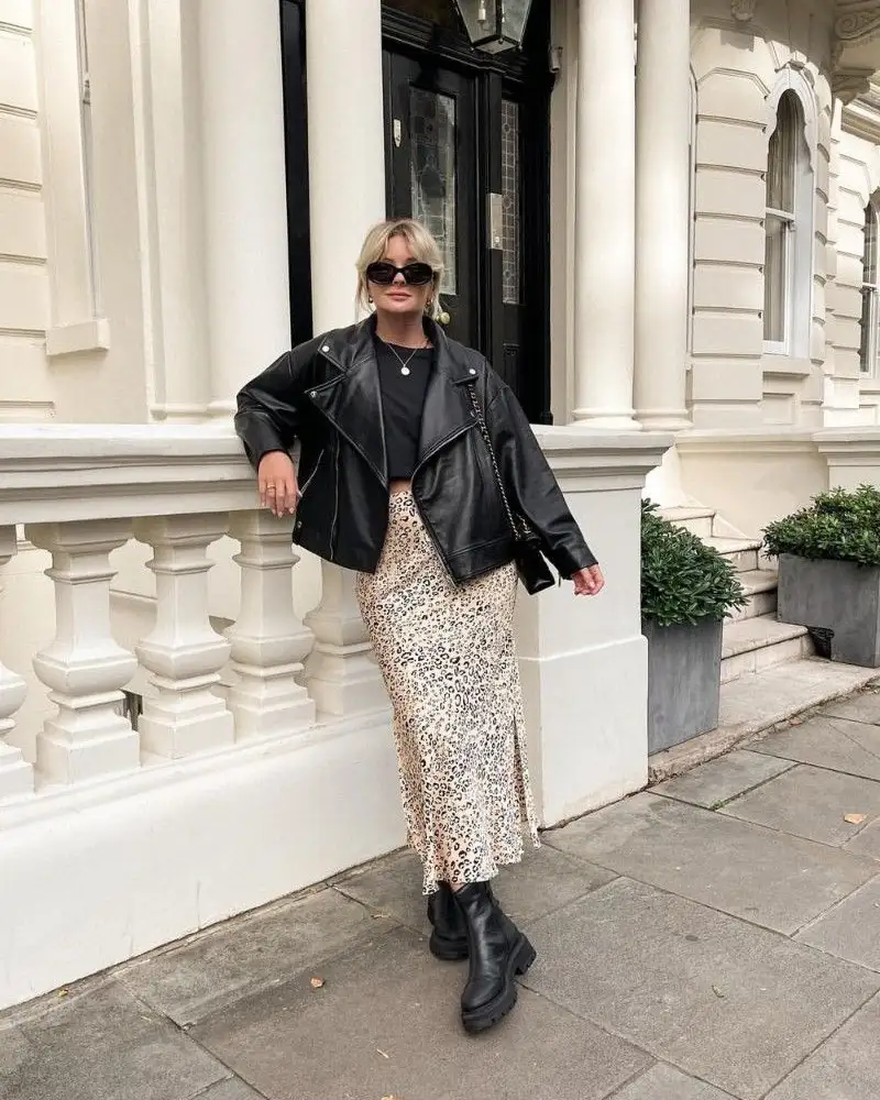 Black Leather Jacket + Leopard Midi Skirt