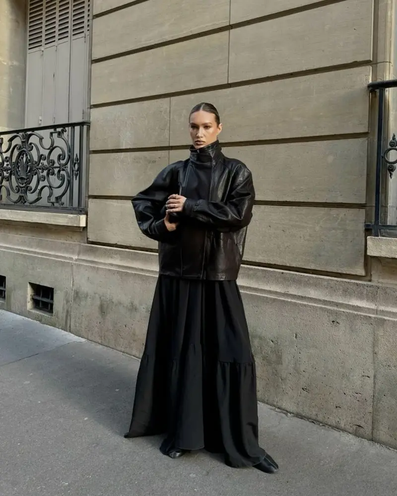 Black Leather Jacket & Tiered Maxi Skirt