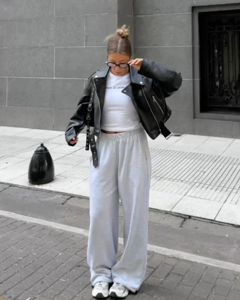 Black Leather Jacket and Grey Joggers