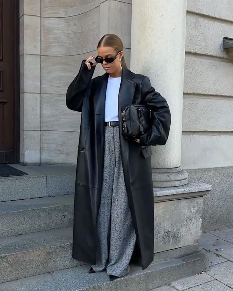 Black Leather Trench & Grey Trousers