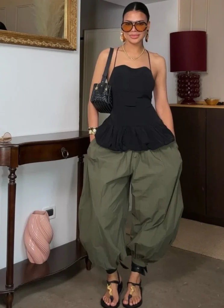  Black Peplum Top and Olive Balloon Pants