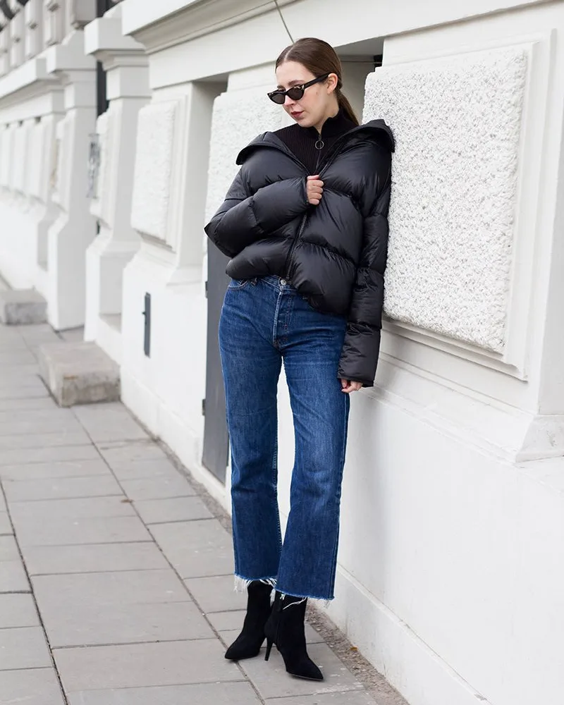 Black Puffer Jacket and Cropped Straight Jeans