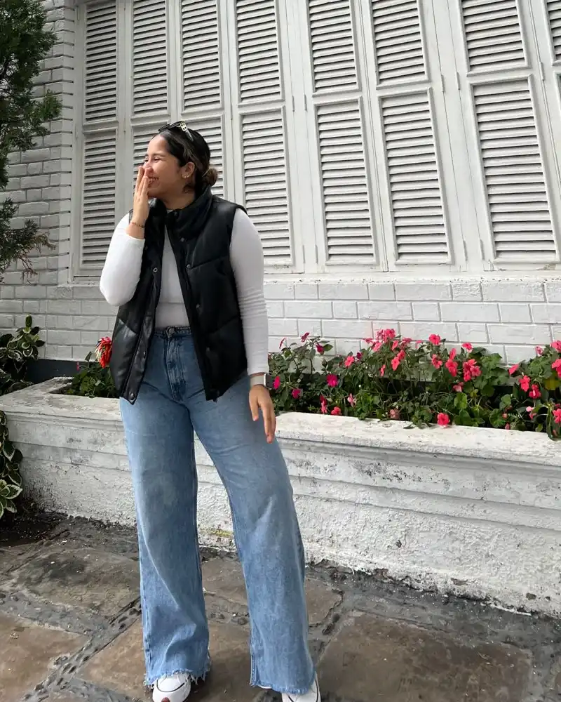 Black Puffer Vest and Wide-Leg Jeans