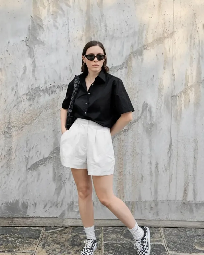Black Shirt & White Tailored Shorts