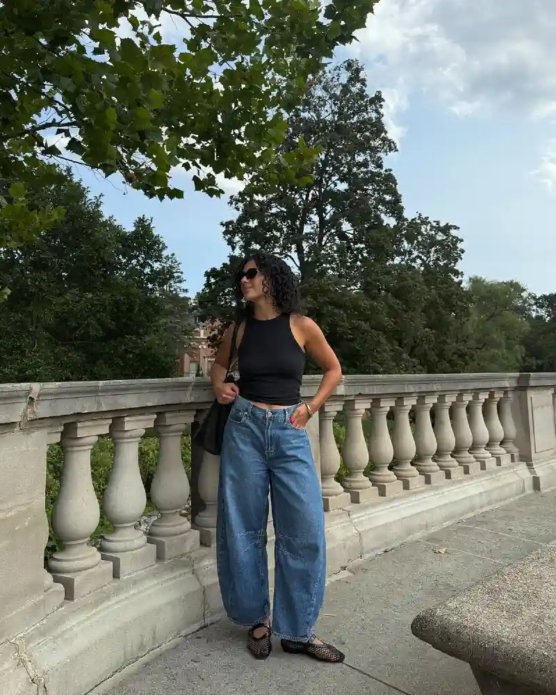Black Tank & Wide-Leg Barrel Jeans