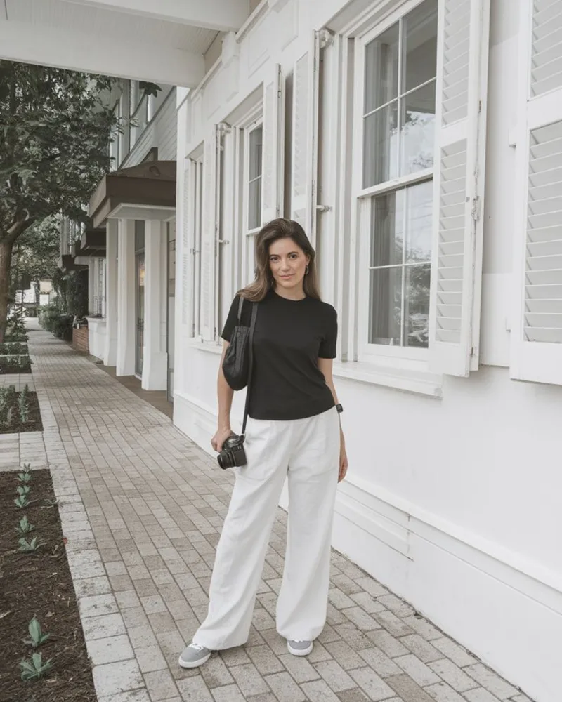 Black Tee & White Wide-Leg Trousers