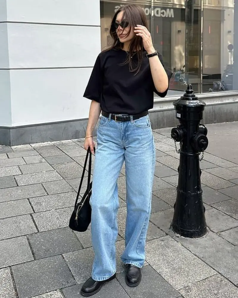 Black Tee & Wide-Leg Jeans