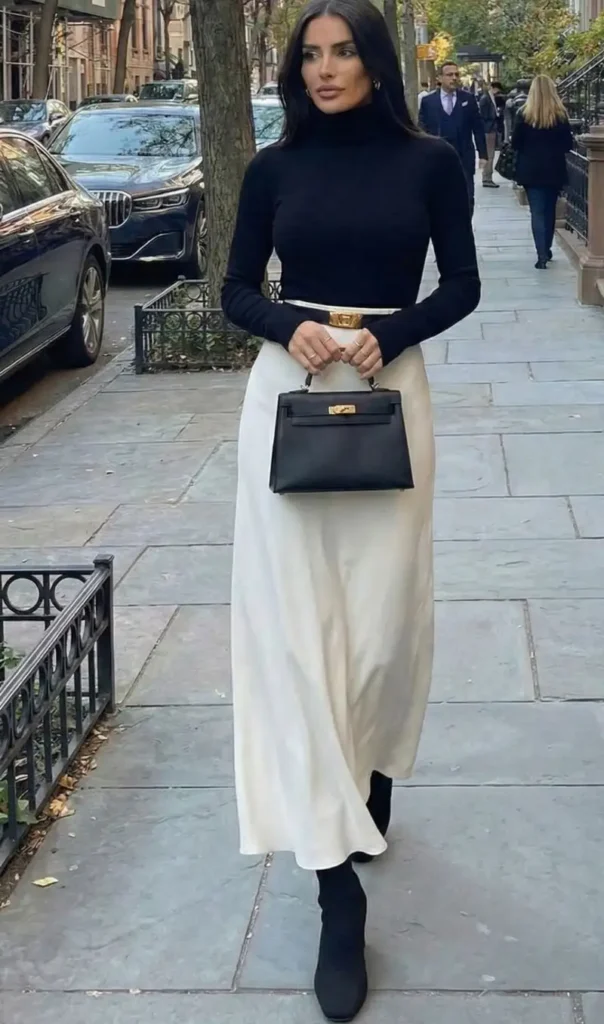Black Turtleneck & Ivory Satin Midi Skirt