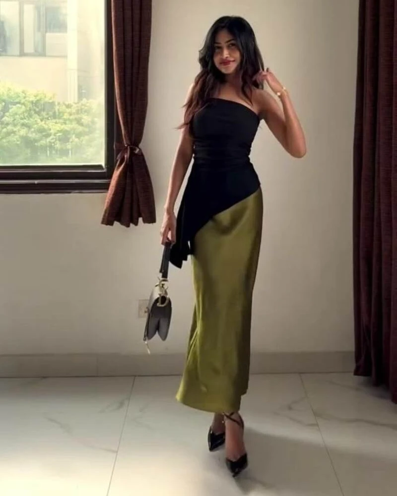 Black asymmetric top, Olive satin skirt