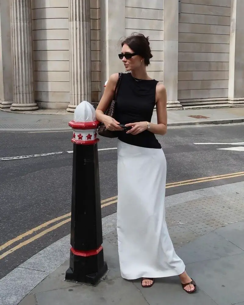 Black top, White satin maxi skirt
