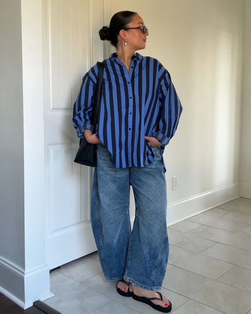 Blue & Black Striped Shirt with Light-Wash Denim