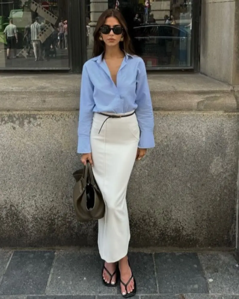 Blue Button-Down + White Column Skirt