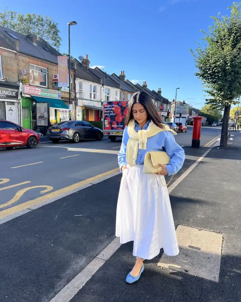 Blue Cardigan & White Midi Skirt
