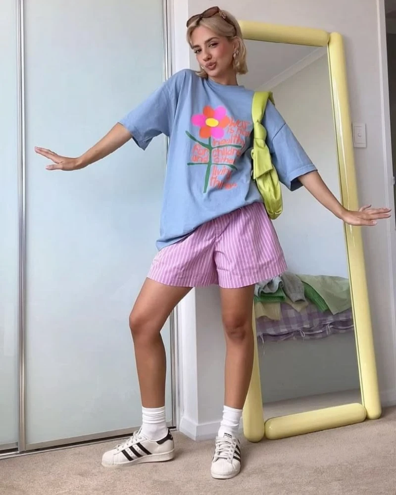 Blue Floral Tee & Pink Striped Shorts