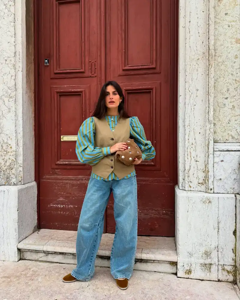 Blue-Green Striped Shirt Under Tan Waistcoat and Wide-Leg Jeans