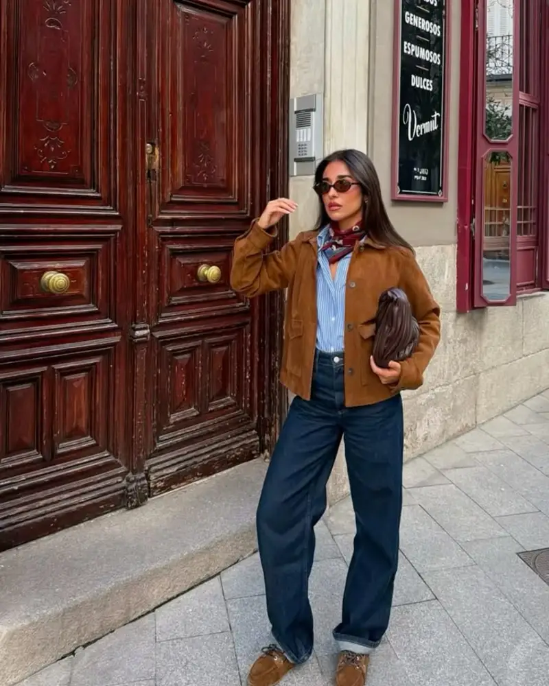 Blue Striped Shirt Under Tan Suede Jacket with Neck Scarf