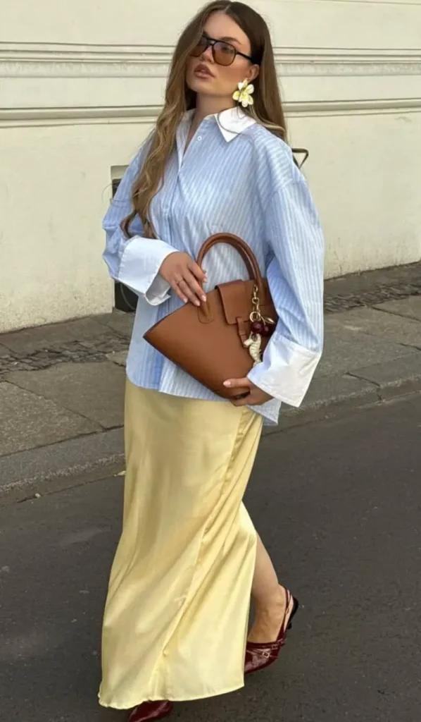Blue Striped Shirt & Yellow Satin Skirt
