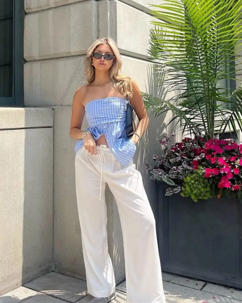 Blue Striped Tube Top & White Wide-Leg Pants