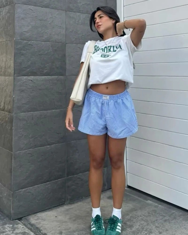 Blue Stripes, White Tee, and a Pop of Green