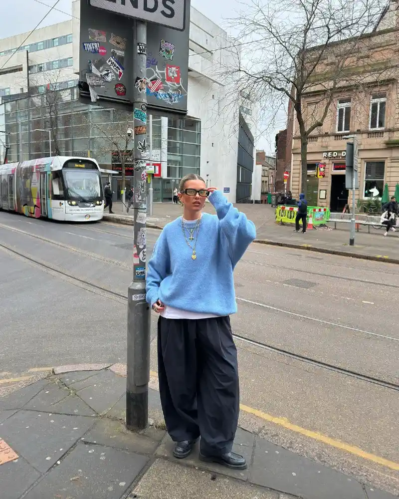 Blue Sweater & Black Balloon Trousers