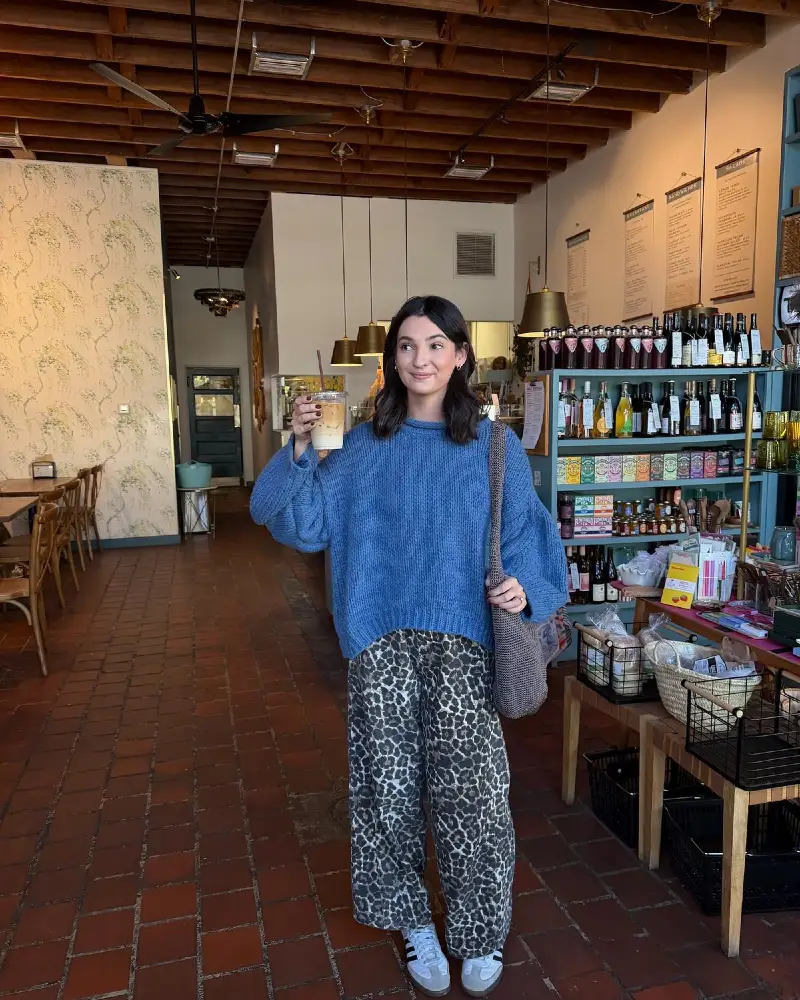 Blue Sweater, Leopard Pants