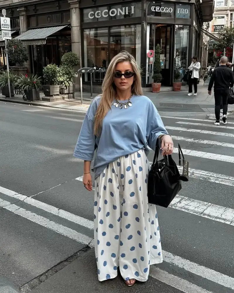 Blue Tee & Polka Dot Palazzo Pants
