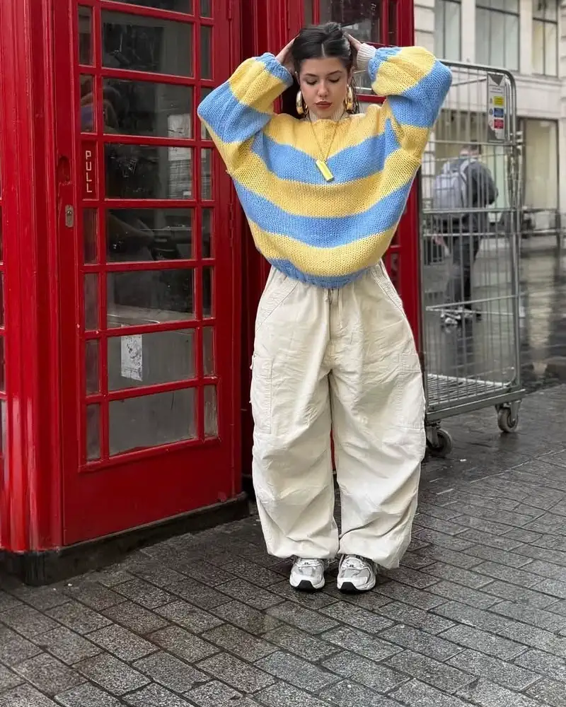 Blue and Yellow Striped Sweater with Cargo Pants 