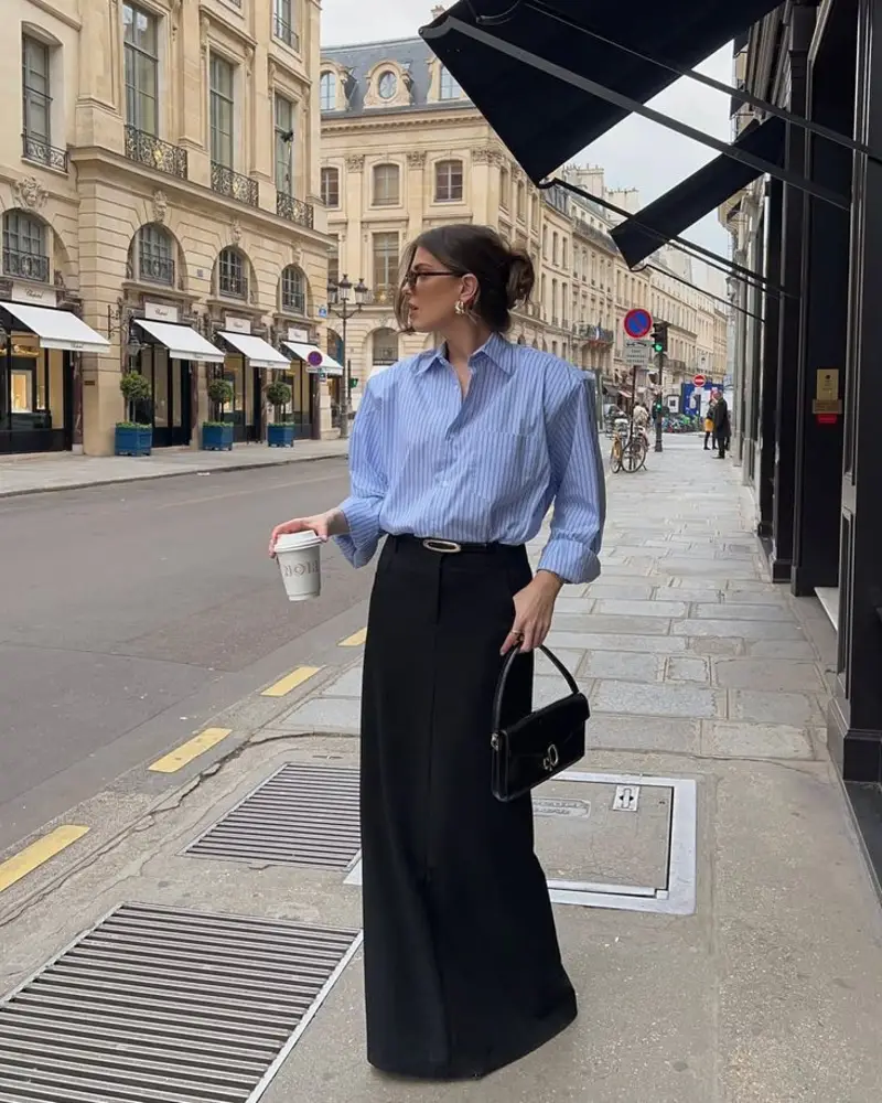 Blue pinstripe shirt, Black maxi skirt
