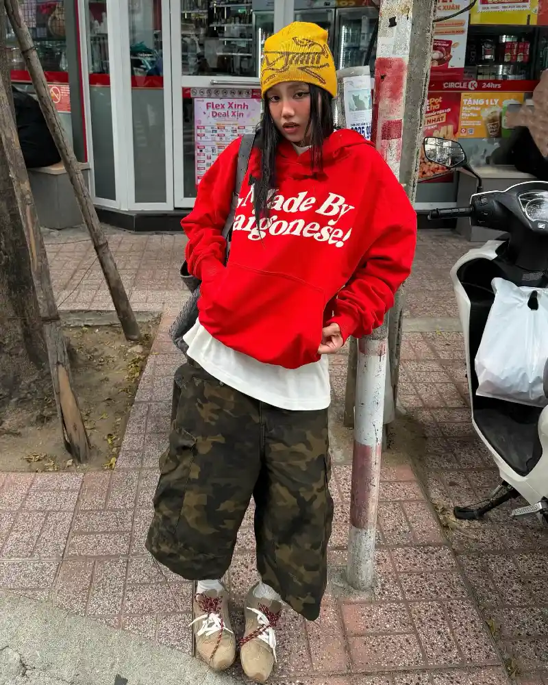 Bold Red Hoodie with Camo Cargo Shorts