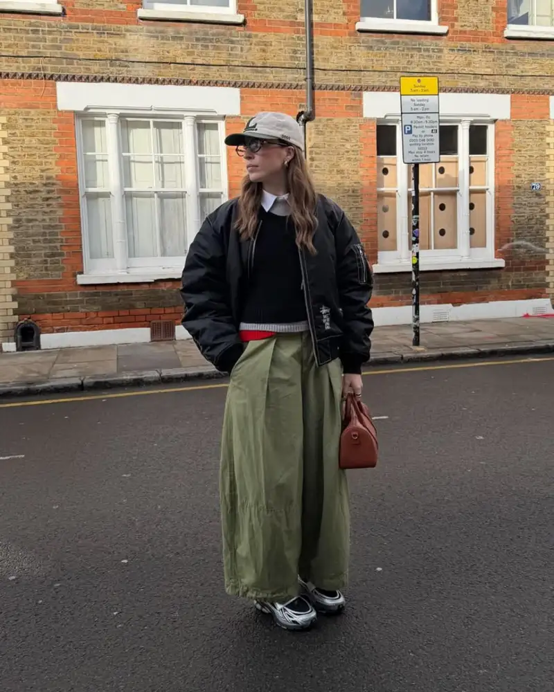 Bomber Jacket Over Voluminous Cargo Trousers