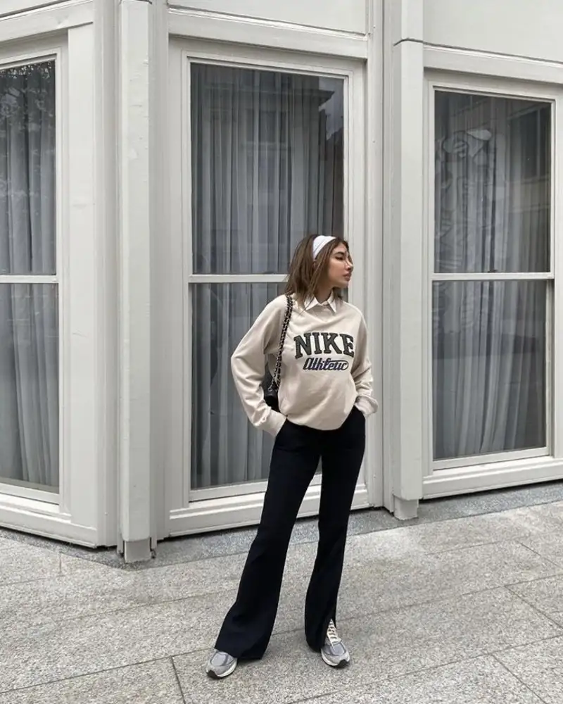 Boxy Sweatshirt, Collared Shirt, Black Flare Pants