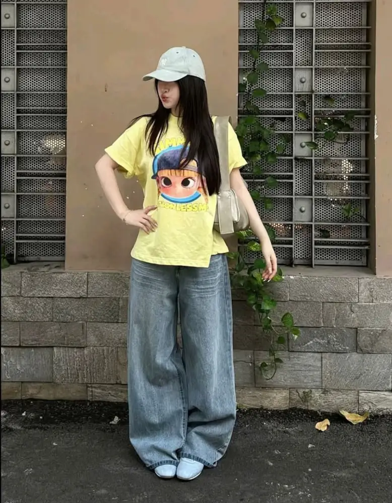 Bright Graphic Tee with Baggy Light Denim