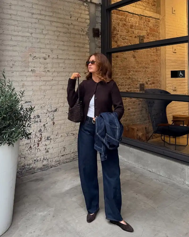Brown Cardigan, White Tee and Wide-Leg Jeans