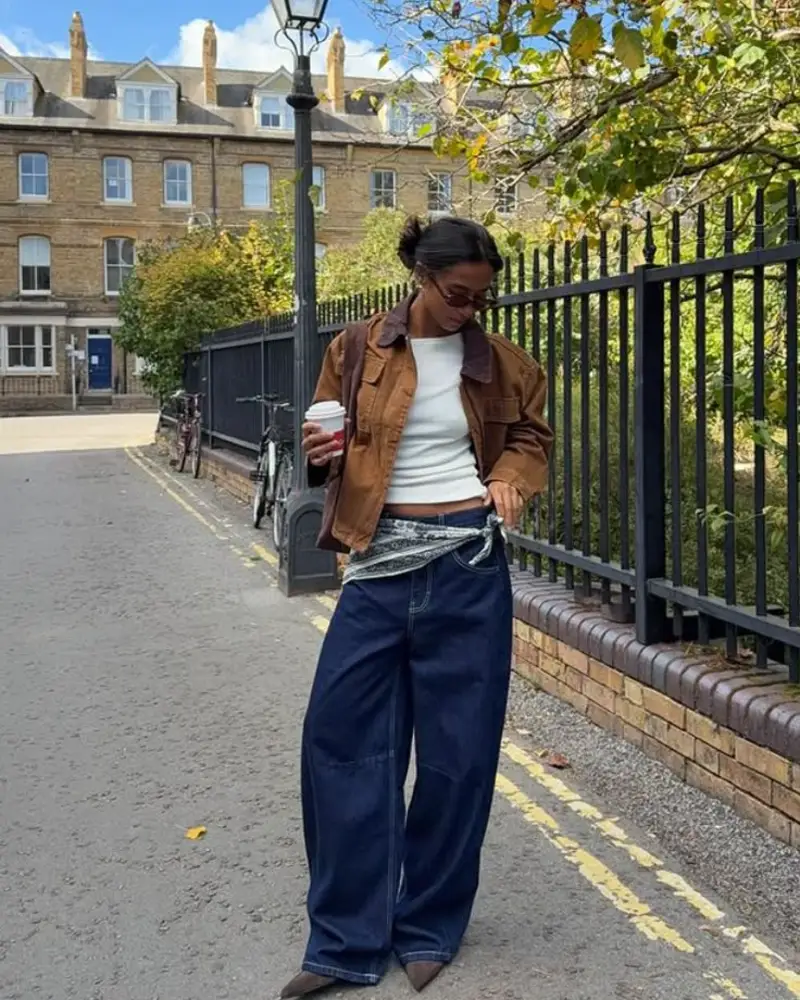 Brown Corduroy Jacket Over White Tee and Wide Jeans