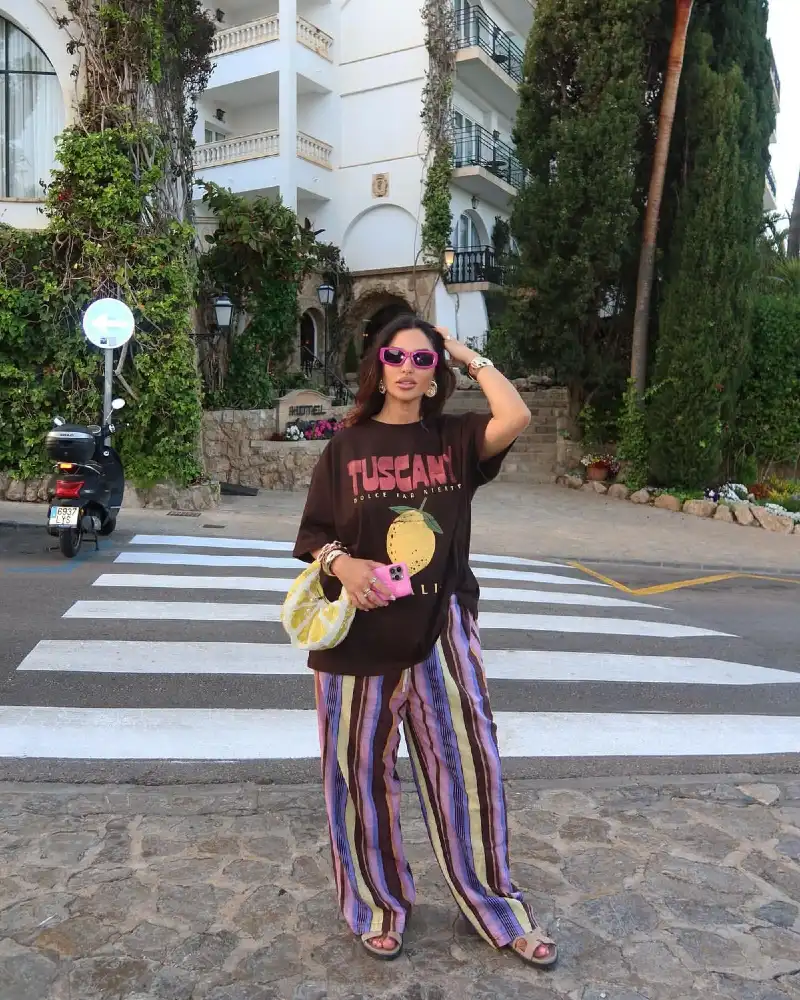 Brown Graphic Tee & Striped Wide-Leg Pants