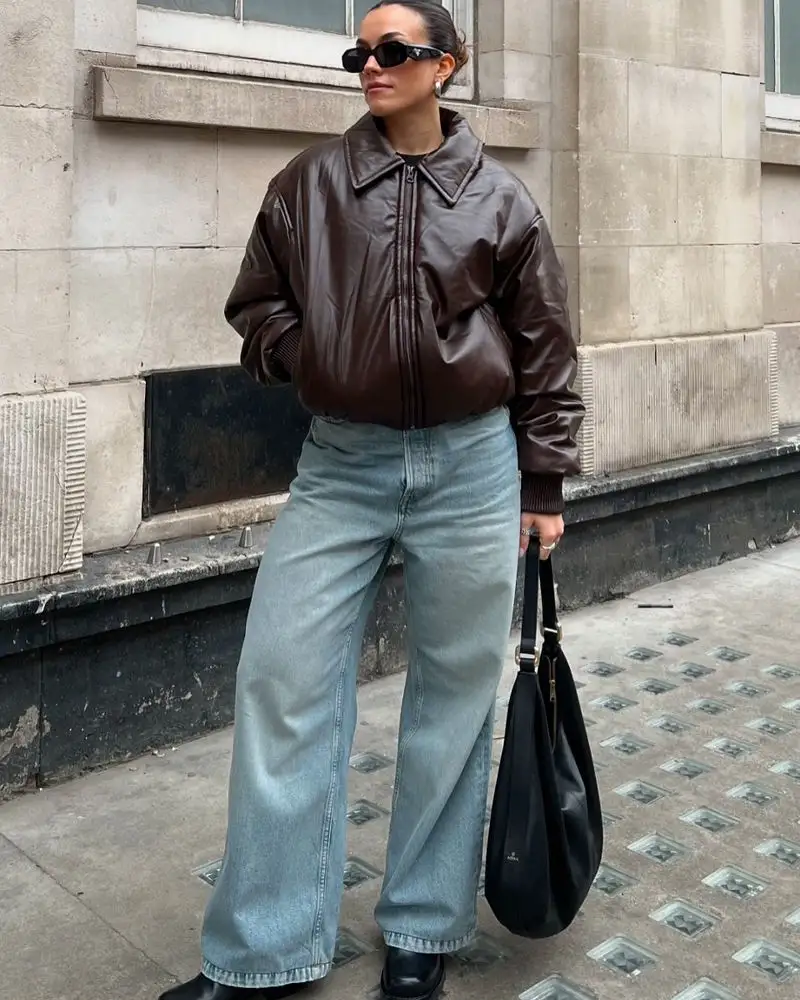 Brown Leather Bomber + Wide-Leg Jeans