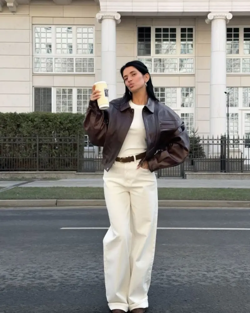 Brown Leather Jacket & Cream Trousers