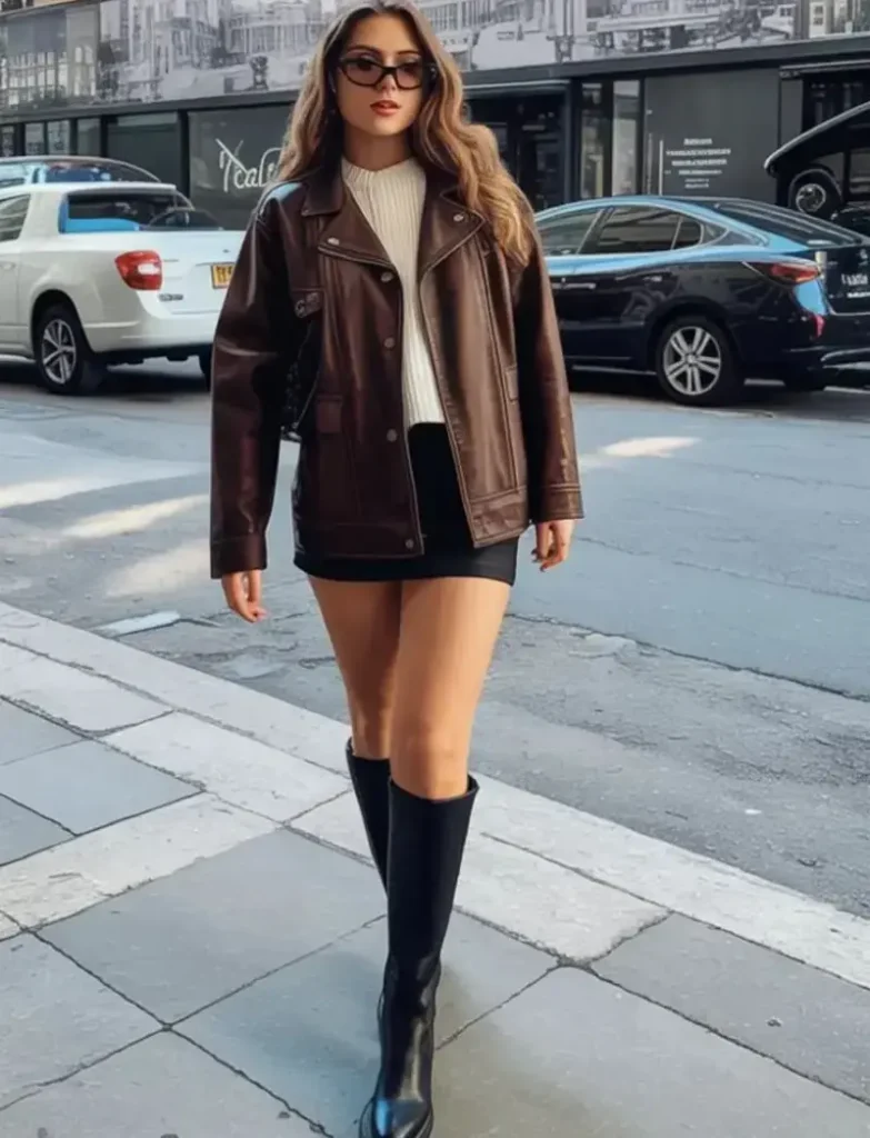 Brown Leather Jacket & Mini Skirt