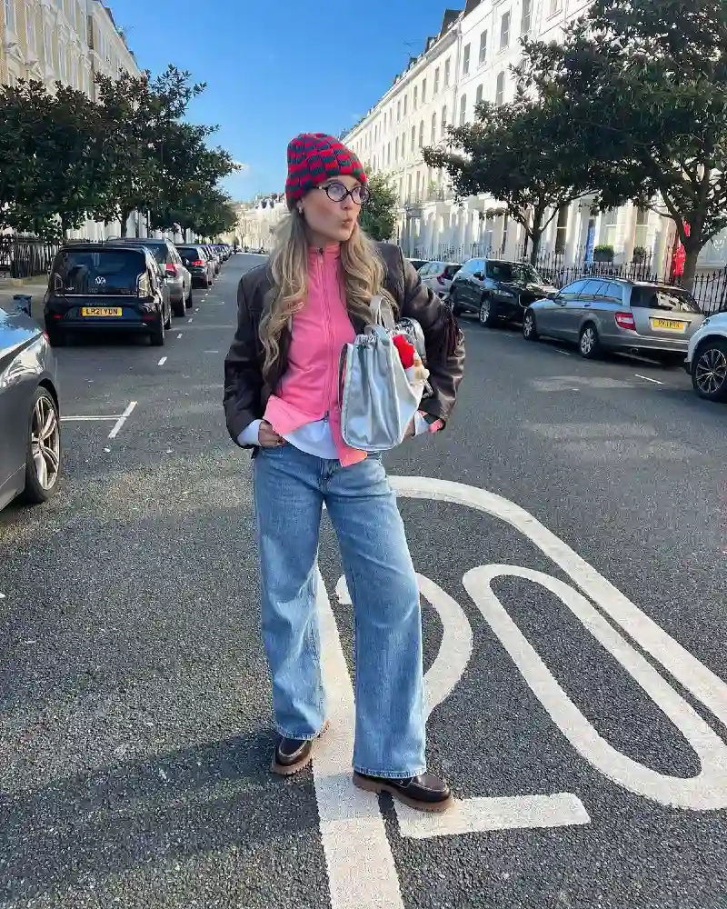 Brown Leather Jacket and Pink Zip Top