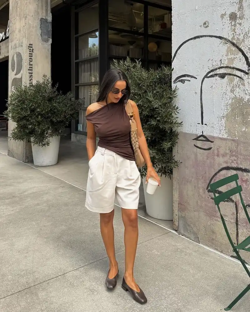 Brown One-Shoulder Top and Cream Shorts