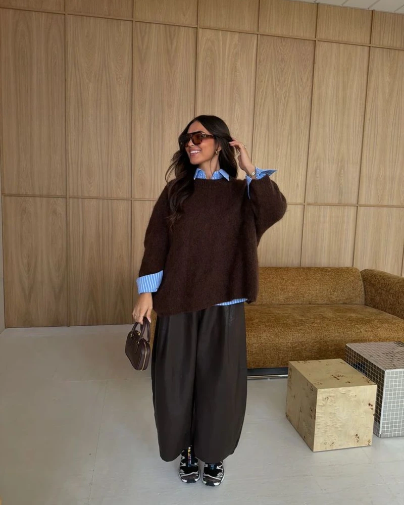 Brown Sweater, Leather-Look Pants