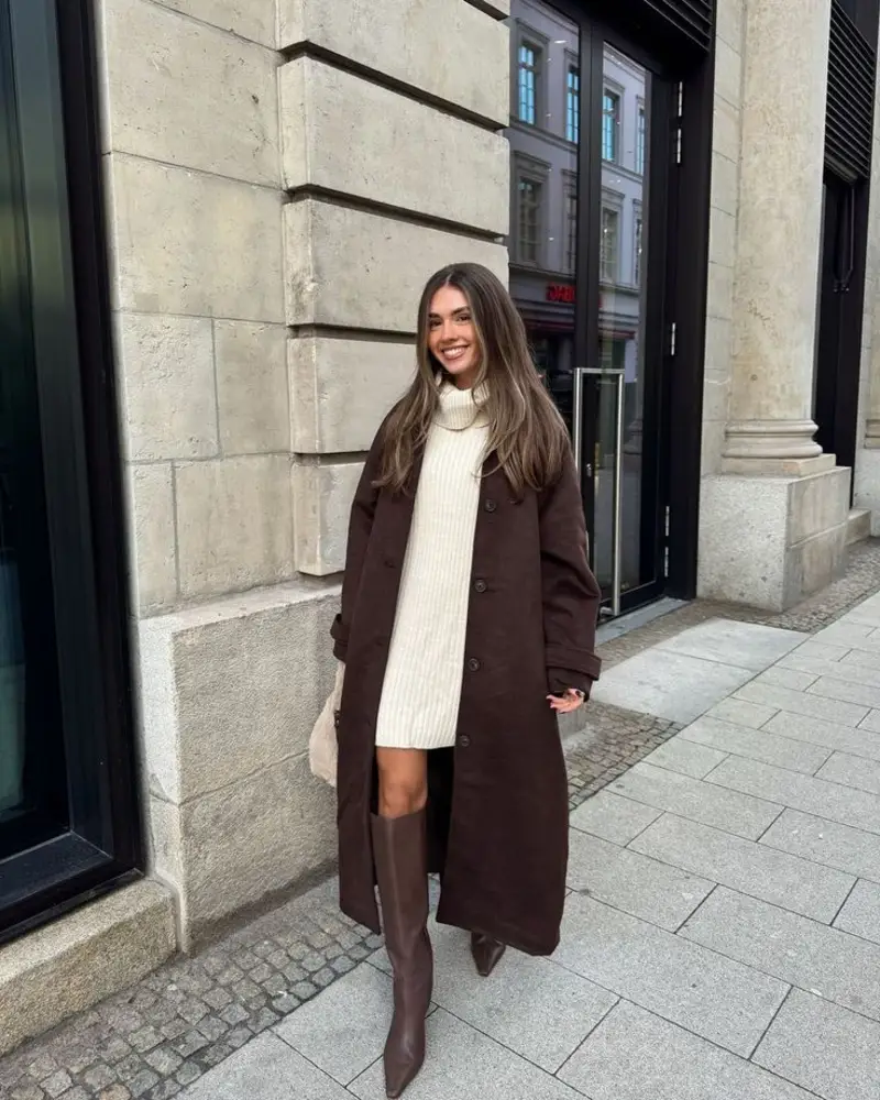 Brown Wool Coat Over a Sweater Dress