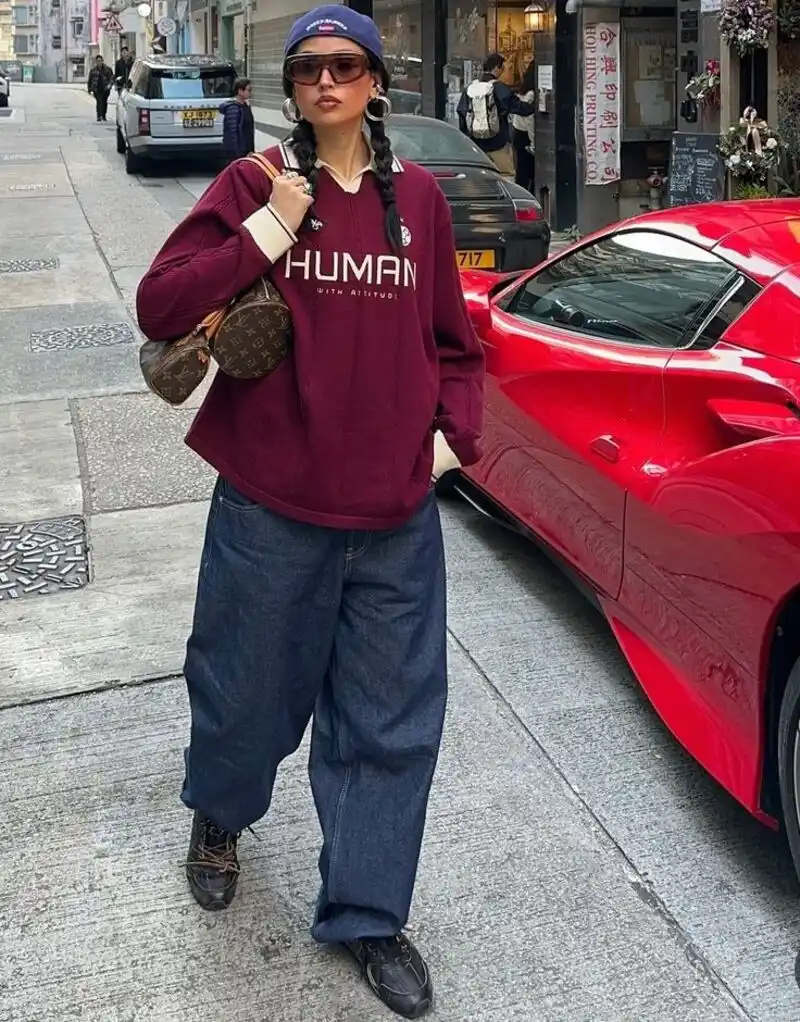 Burgundy Graphic Sweater and Wide Indigo Denim